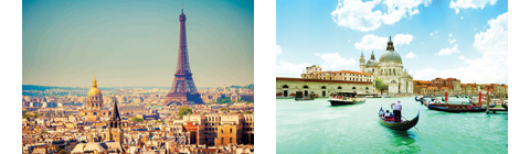 The Eiffel Tower in Paris and Gondolas in Venice