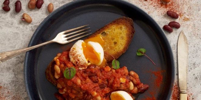 Baked Beans with poached eggs