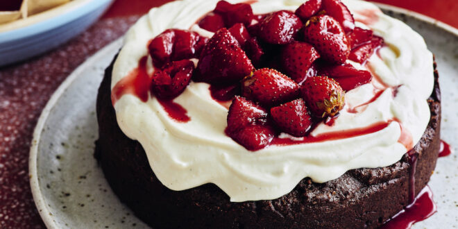 Chocolate and hazelnut caprese cake with wine-roasted strawberries