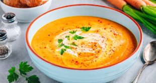 Creamy carrot sweet potato & lentil soup
