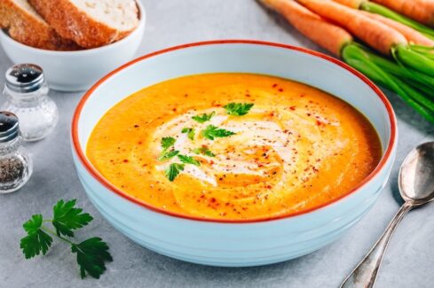 Creamy carrot sweet potato & lentil soup