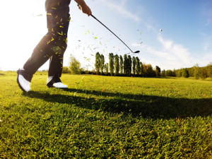 Golfer performs a golf shot from the fairway. Sunny summer day.