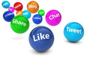 Web and Internet concept with social media and social network signs and words on bouncing colorful spheres isolated on white background.